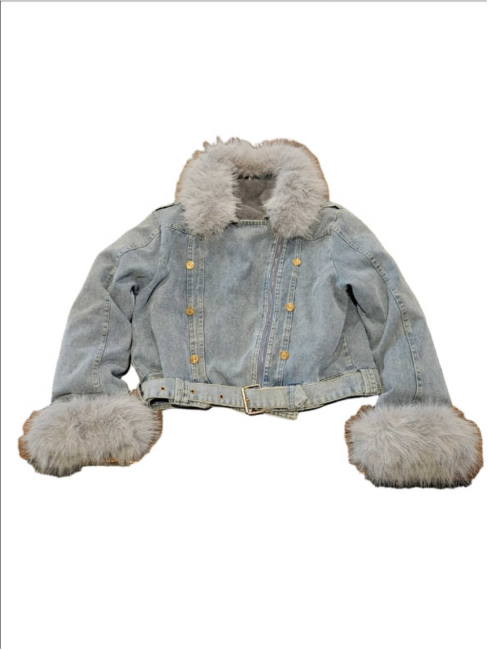Women's Unbranded Faux Fur Trim Denim Moto Jacket, Blue and Grey Size Large